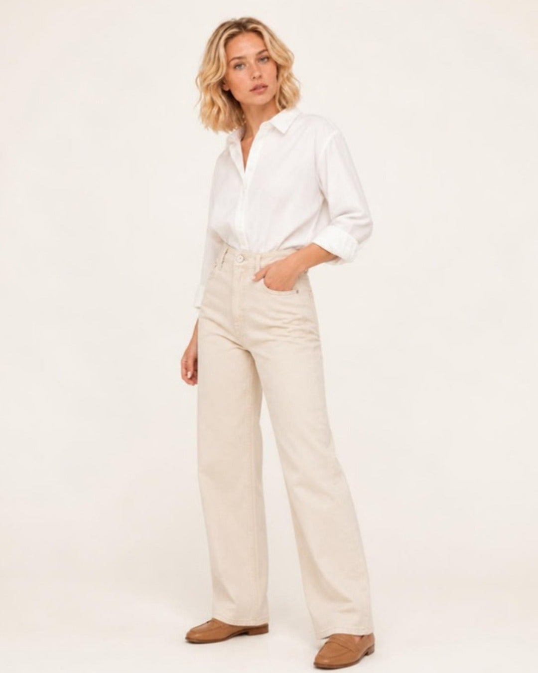 Fenna Wijde Jeans Beige - driekwart