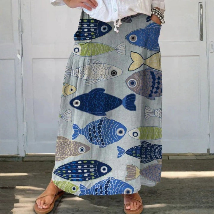 Vrouwen Vintage Schattige Vis Kunstprint Linnen Pocket Rok