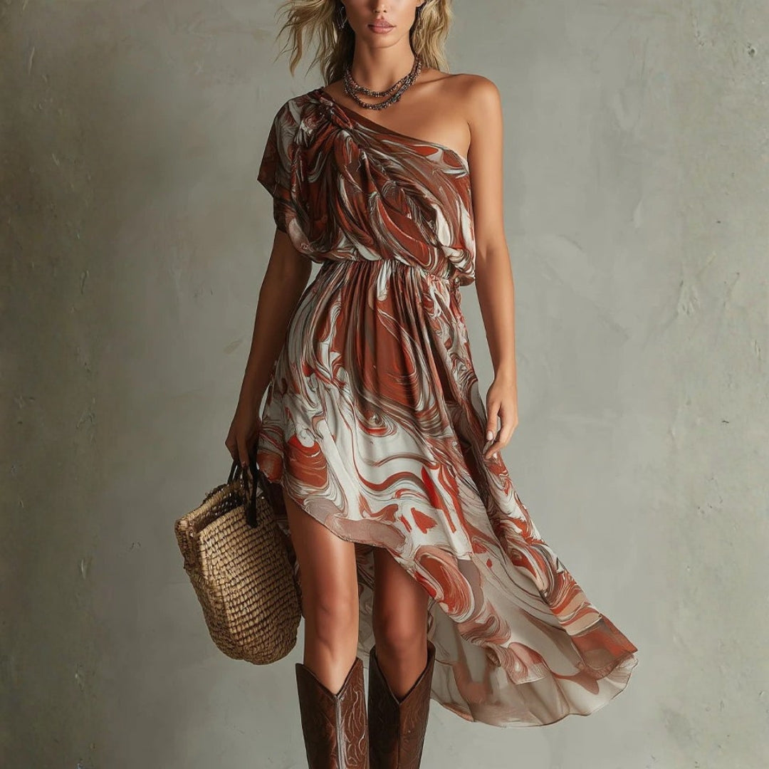 Dawn - Boho One-shoulder Ongelijke Marmer Abstracte Print Chiffon Midi Jurk