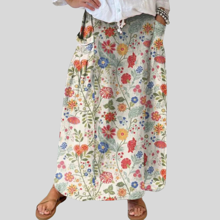 Dames Bloemenprint Linnen Elastische Tailleband Pocket Rok