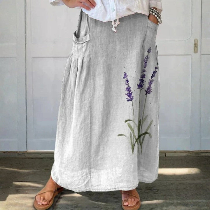 Waterverf Lavendel Bloemen Gedrukte Dames Linnen Elastische Tailleband Pocket Rok