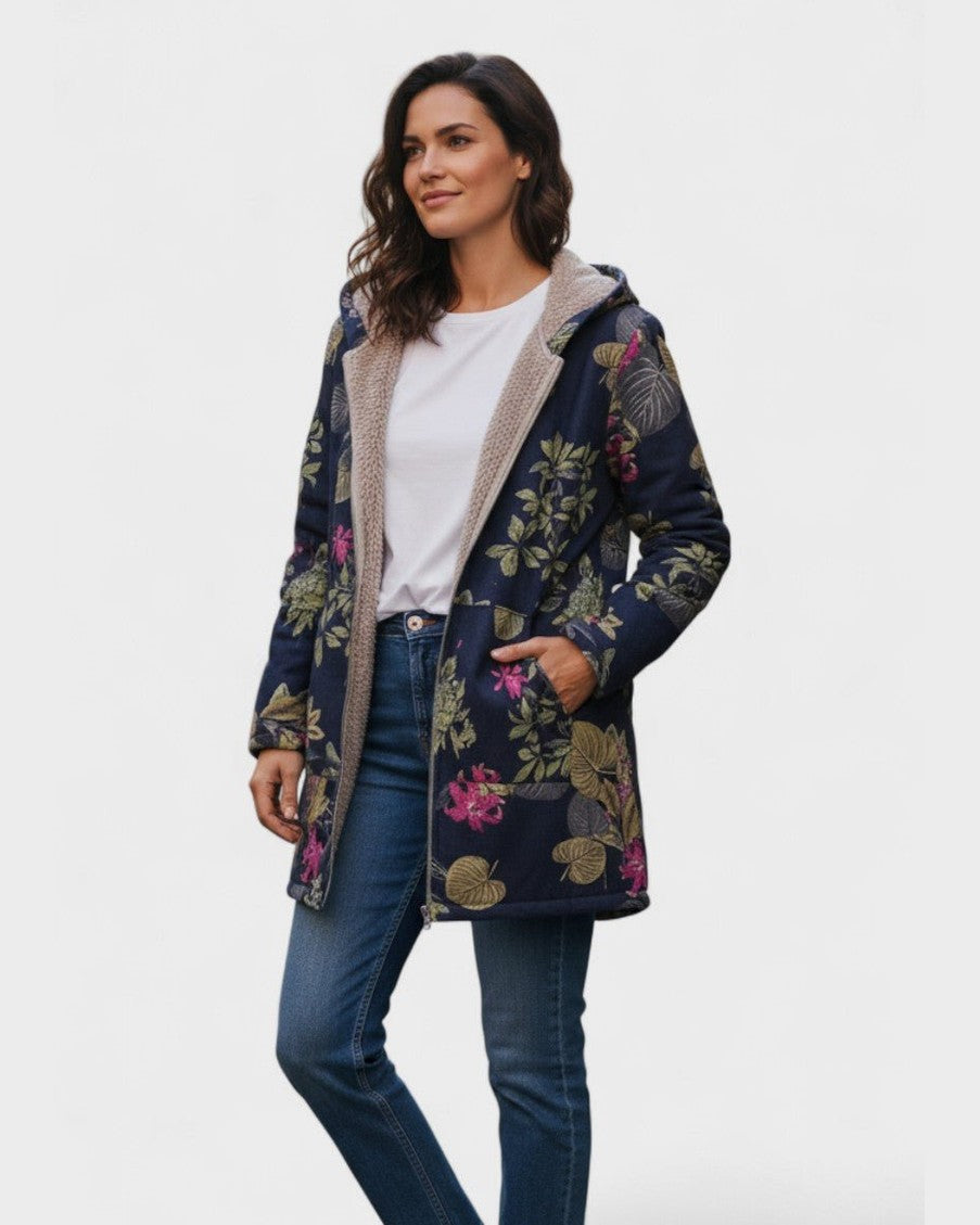 Gabrielle | Marineblauwe Jas met Bloemenprint