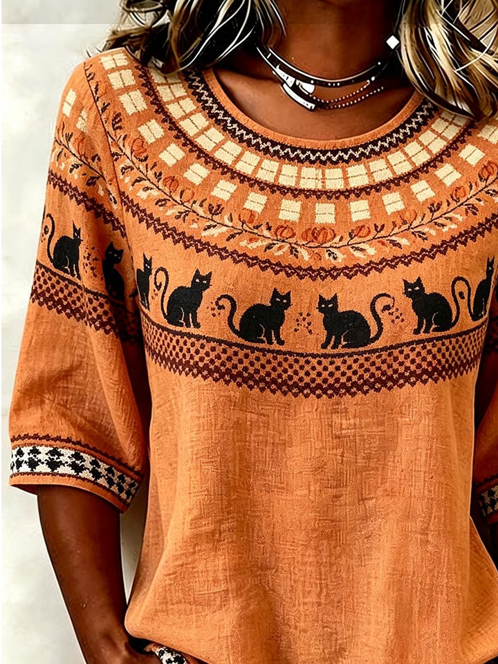 Carla | Oranje Kat Geometrische Blouse
