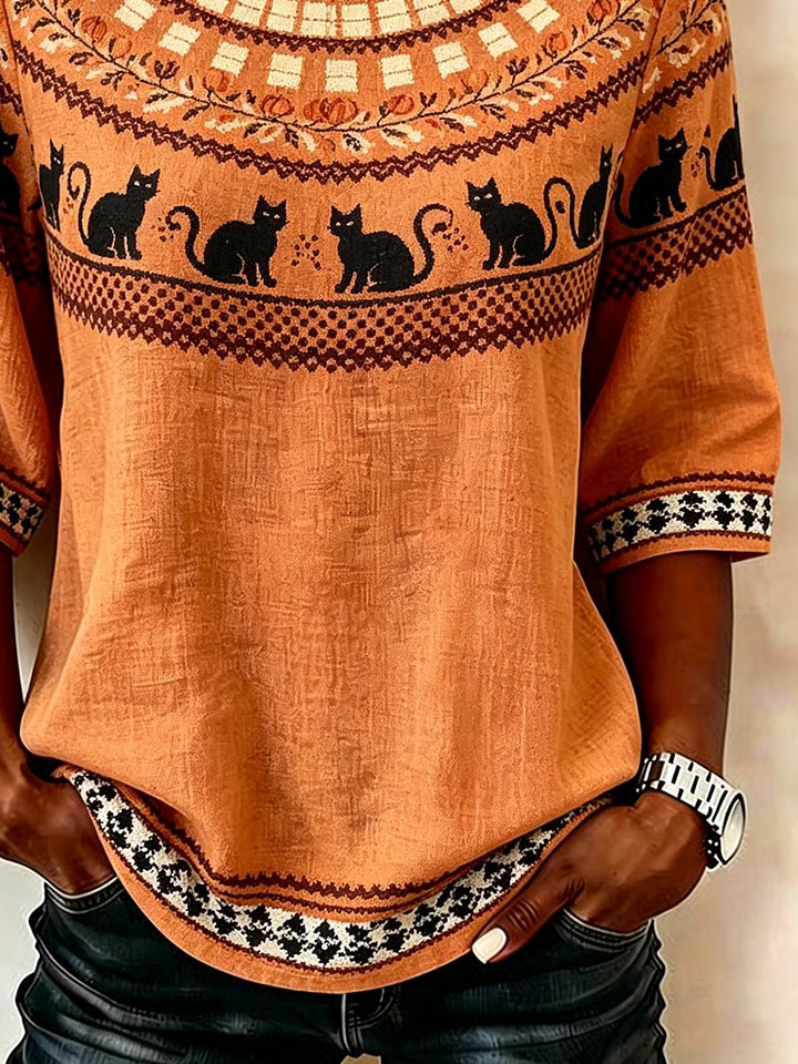 Carla | Oranje Kat Geometrische Blouse