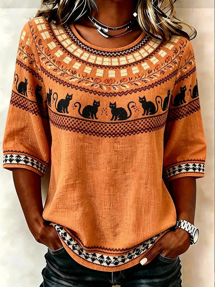 Carla | Oranje Kat Geometrische Blouse
