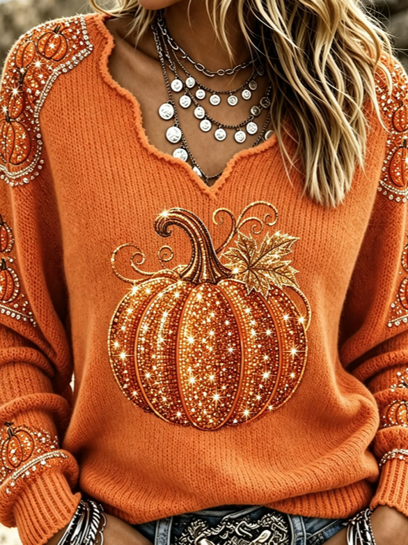 Julia | Halloween Vintage Pompoenpatroon V-hals Lange Mouwen T-shirt