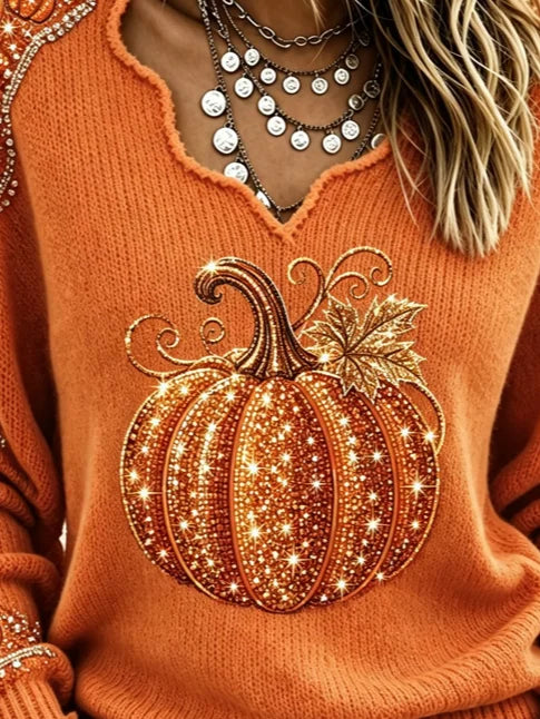 Julia | Halloween Vintage Pompoenpatroon V-hals Lange Mouwen T-shirt
