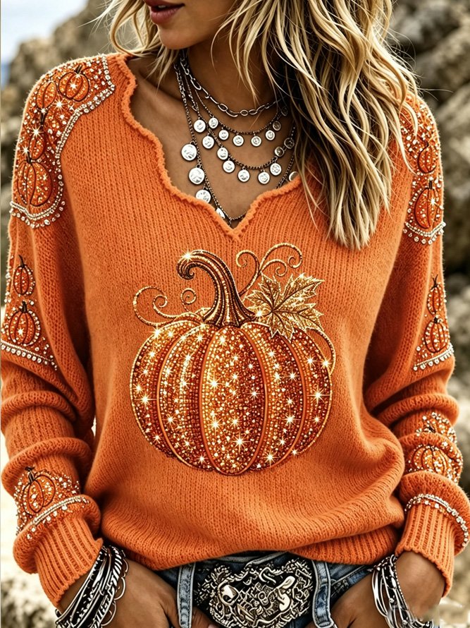 Julia | Halloween Vintage Pompoenpatroon V-hals Lange Mouwen T-shirt