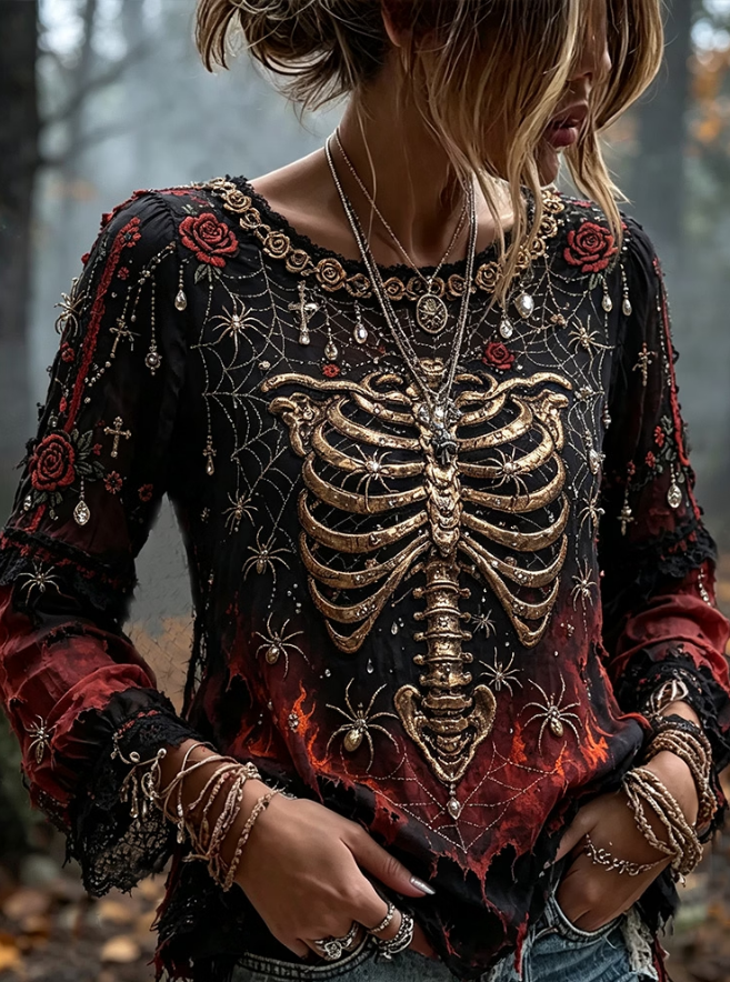 Lena | Halloween-geïnspireerde Skull en Spin Kunst Versleten Gradient Crewneck Lange Mouwen Top