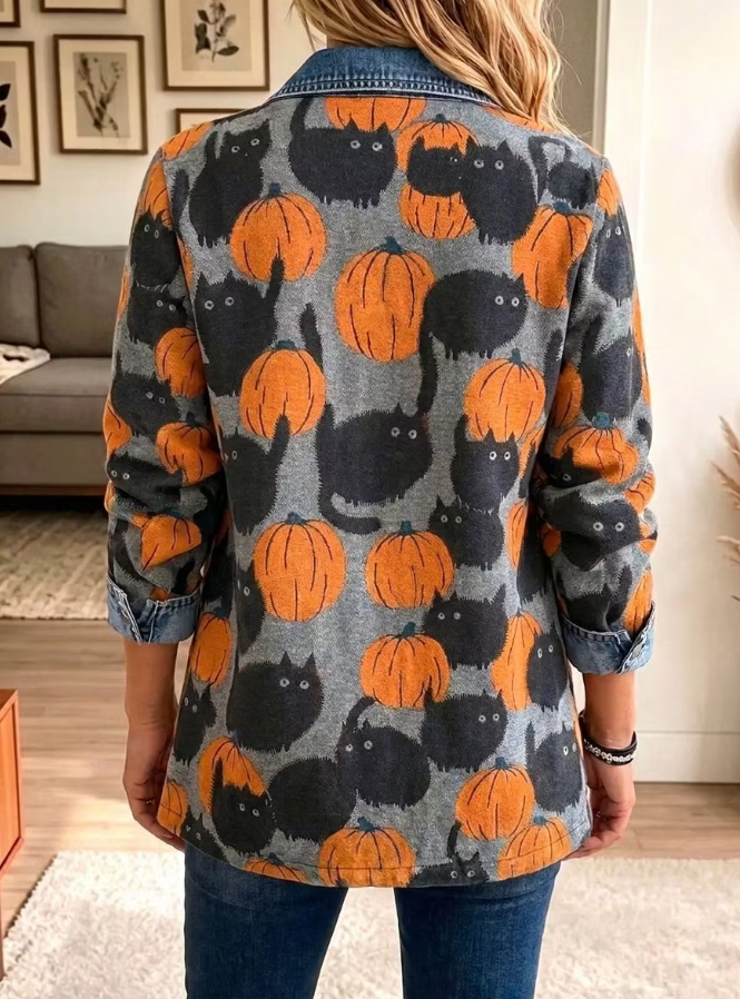 Liana | Halloween-geïnspireerde Spijkerjack met Reversknop en Pompoen en Zwarte Kat