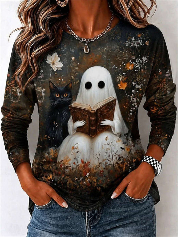 Eden | Halloween-Inspired Multi Ghost Black Cat Floral Print Ronde Hals Lange Mouw Top