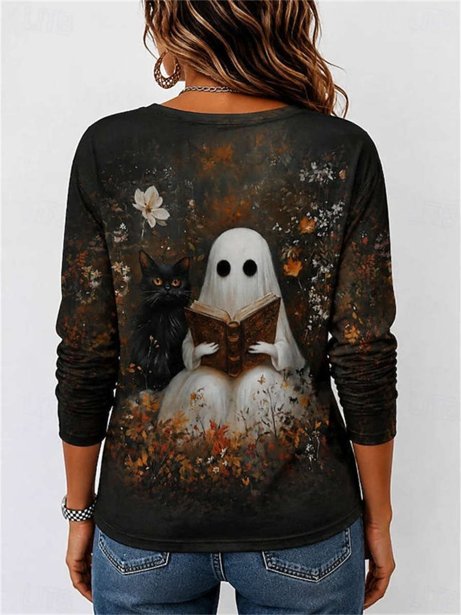 Eden | Halloween-Inspired Multi Ghost Black Cat Floral Print Ronde Hals Lange Mouw Top