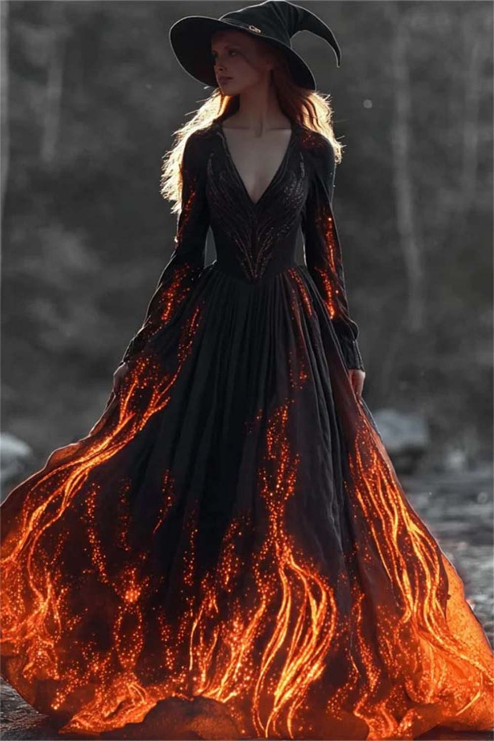 Margaret | Halloween-geïnspireerde Zwarte Vlam Print V-hals Lange Mouw Maxi Jurk