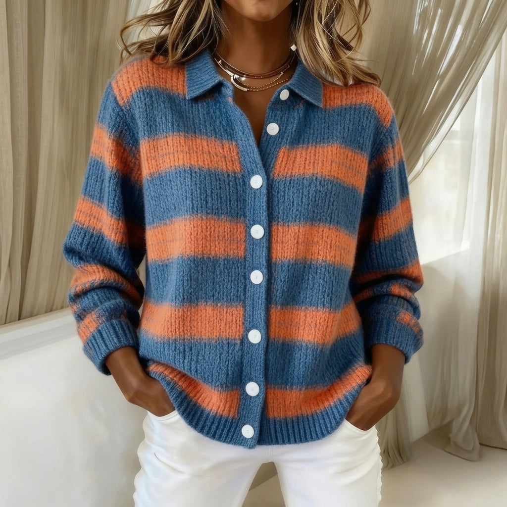 Genevieve | Blauwe en Rust Gestreepte Cardigan