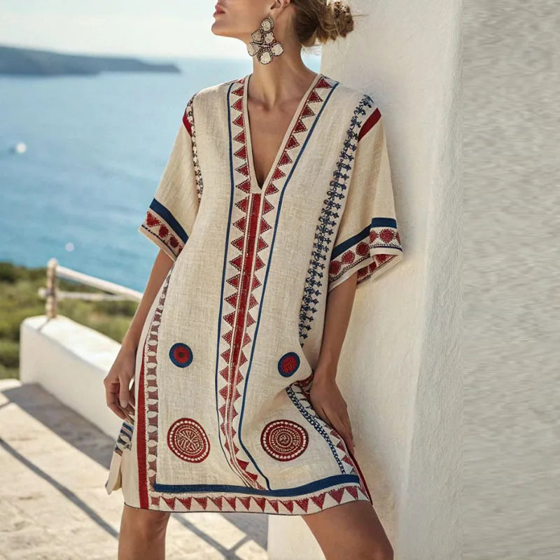 Maya | Wijnrood en Blauw Bloemen Strandjurk