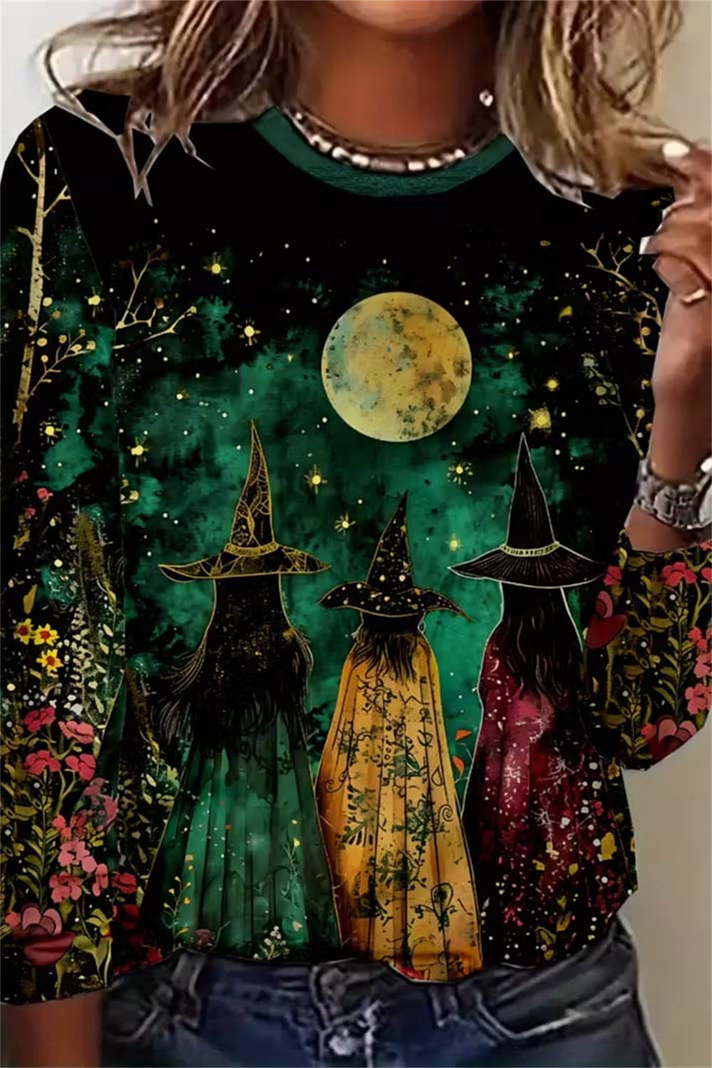 Melissa | Halloween-geïnspireerde Multi Witch Moon Bloemenprint Ronde Hals Lange Mouwen Blouse