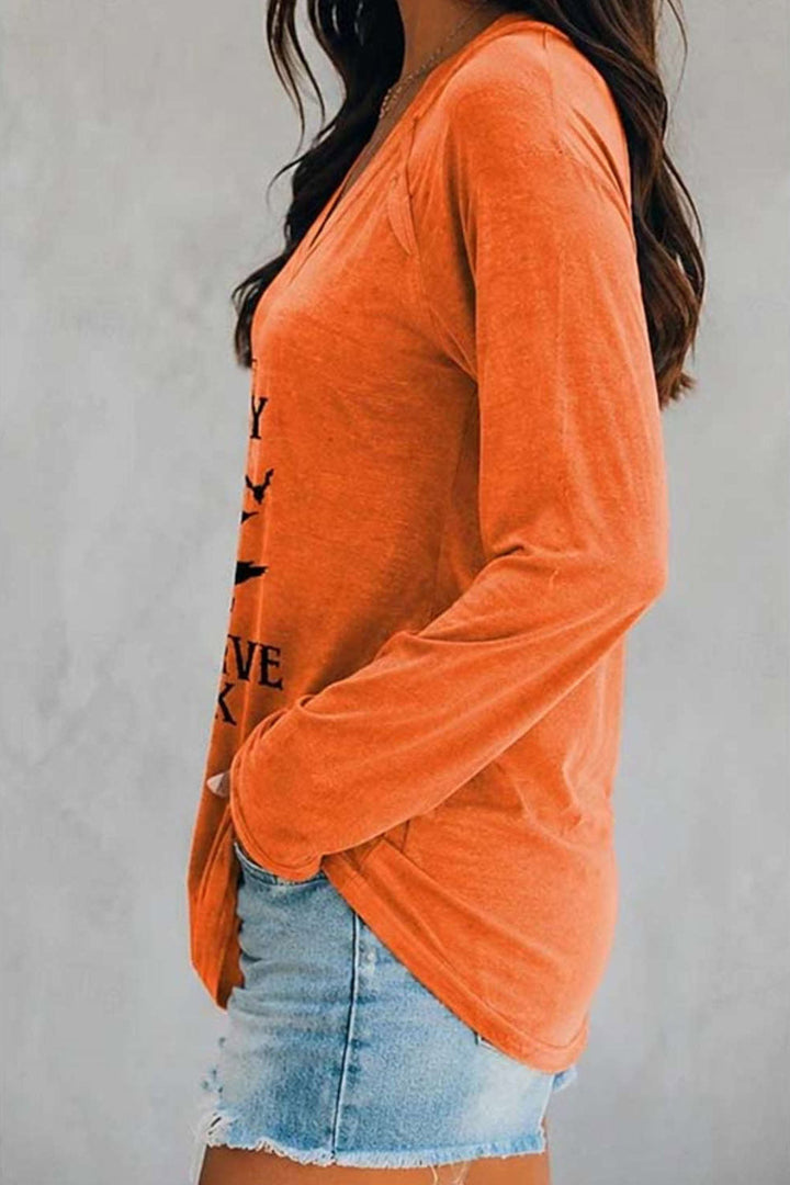 Sadie | Halloween-geïnspireerde Oranje Heks Brief Print V-Hals Blouse