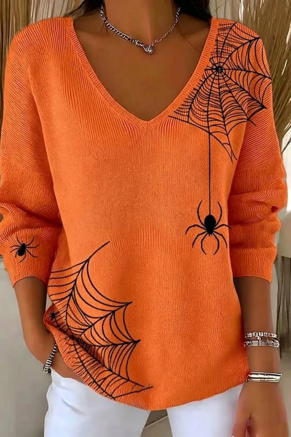 Evangeline | Halloween-geïnspireerde Oranje Spinnenwebprint V-hals Lange Mouwen Trui