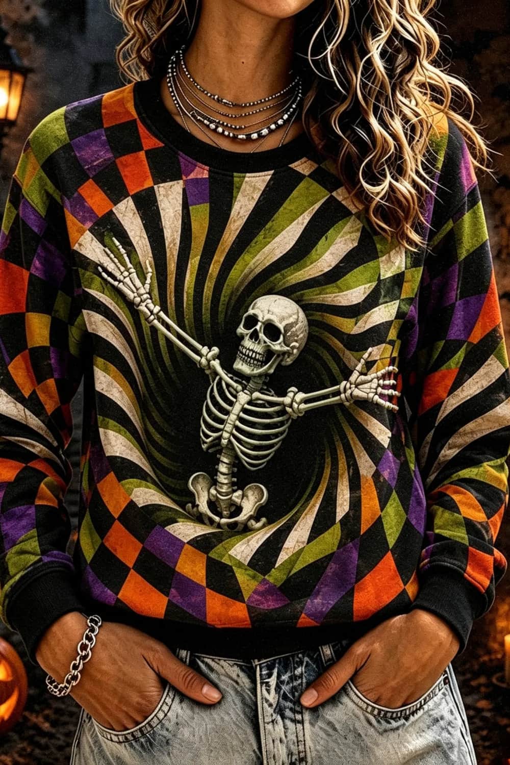 Caroline | Halloween-geïnspireerde Multi Spiral Check Skull Print Ronde Hals Sweatshirt