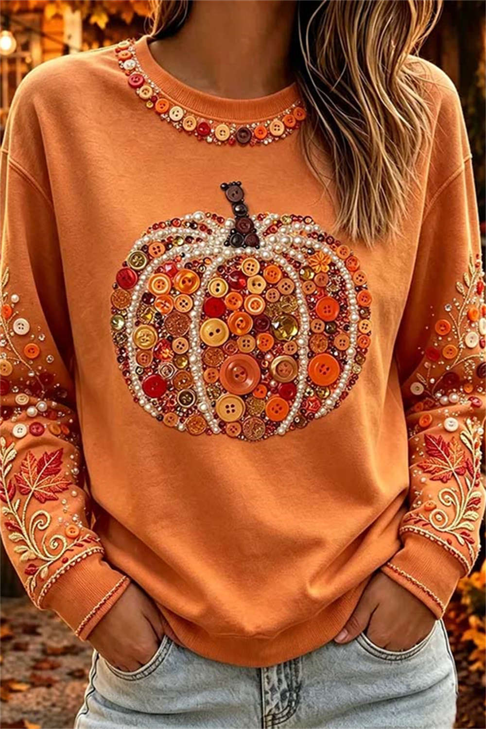 Wilg | Halloween-geïnspireerde Oranje Knop Pompoen Blad Print Ronde Hals Top
