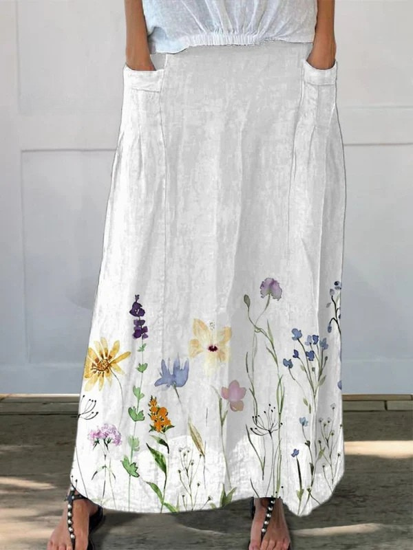 Aquarel Lente Weides Kunst Geprinte Dames Linnen Elastische Tailleband Pocket Rok
