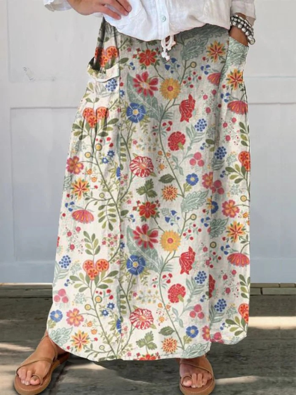 Dames Bloemenprint Linnen Elastische Tailleband Pocket Rok