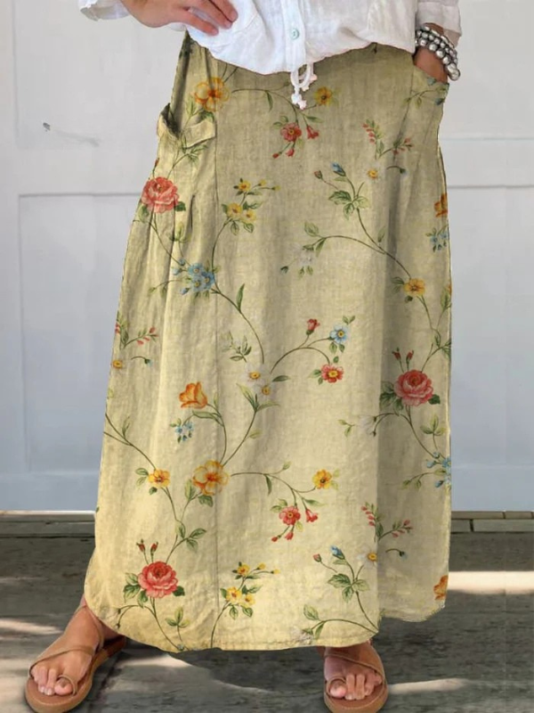 Vrouwen Retro Elegante Bloemen Kunst Linnen Elastische Tailleband Rok