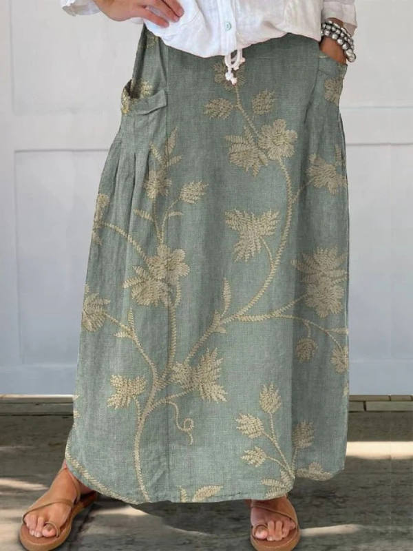 Vrouwen Retro Elegante Bloemen Kunst Linnen Elastische Tailleband Rok