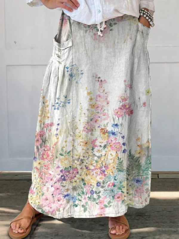 Vrouwen Retro Elegante Bloemen Kunst Linnen Elastische Tailleband Rok