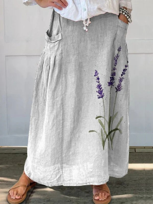 Waterverf Lavendel Bloemen Gedrukte Dames Linnen Elastische Tailleband Pocket Rok