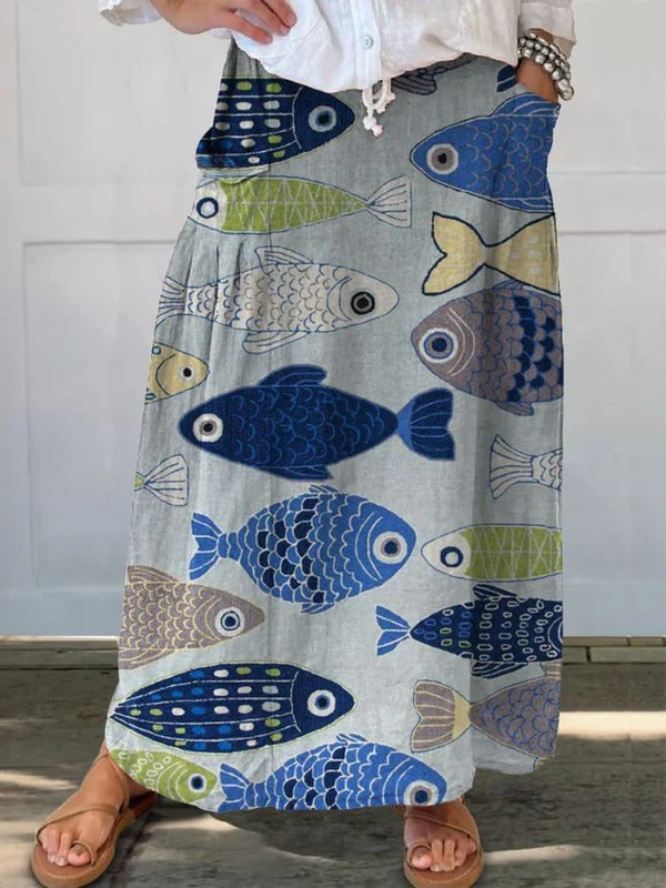 Vrouwen Vintage Schattige Vis Kunstprint Linnen Pocket Rok