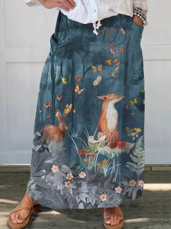 Dames Vintage Bloemen Dieren Kunstprint Casual Linnen Pocket Rok