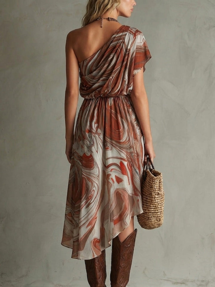 Dawn - Boho One-shoulder Ongelijke Marmer Abstracte Print Chiffon Midi Jurk