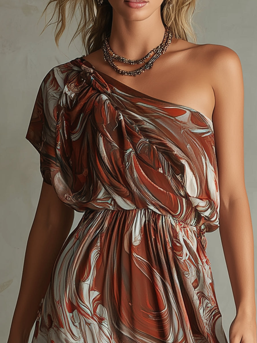 Dawn - Boho One-shoulder Ongelijke Marmer Abstracte Print Chiffon Midi Jurk