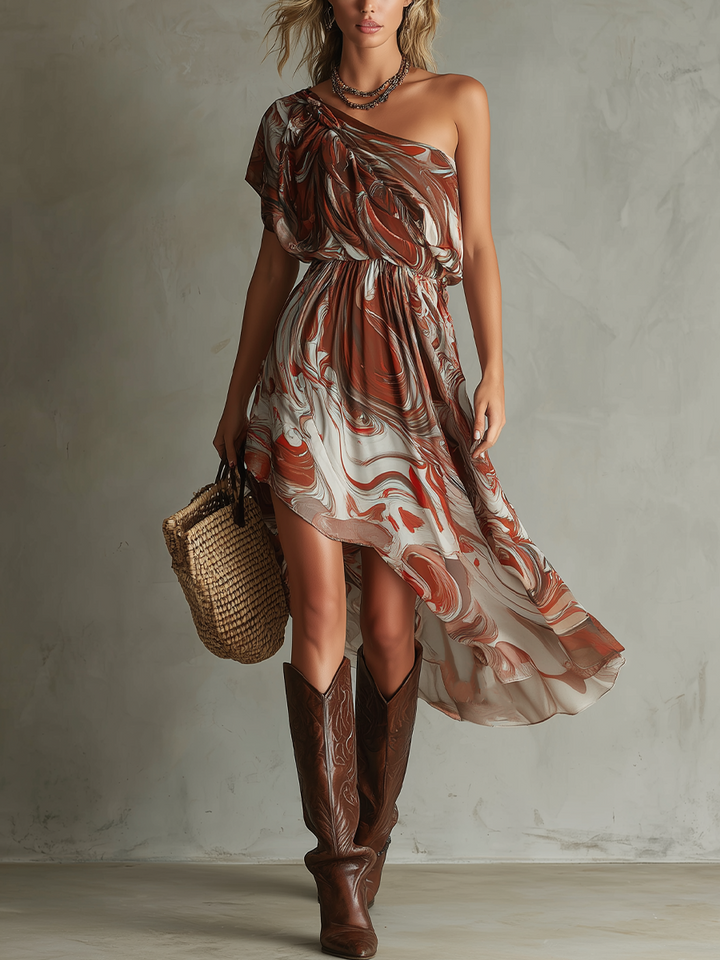 Dawn - Boho One-shoulder Ongelijke Marmer Abstracte Print Chiffon Midi Jurk
