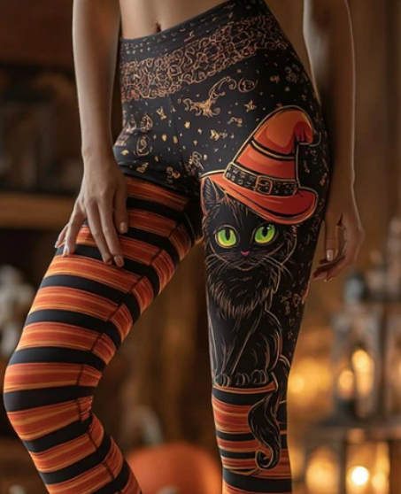 Angela | Halloween-geïnspireerde Zwarte Heks Kat Gestreepte Hoge Taille Lange Leggings