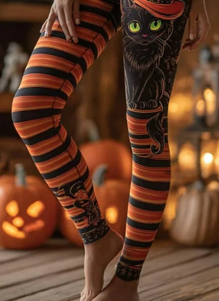 Angela | Halloween-geïnspireerde Zwarte Heks Kat Gestreepte Hoge Taille Lange Leggings