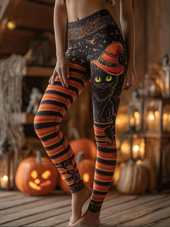 Angela | Halloween-geïnspireerde Zwarte Heks Kat Gestreepte Hoge Taille Lange Leggings