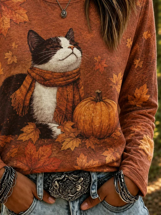 Judith | Halloween Casual Kat Ronde Hals Lange Mouwen T-shirt