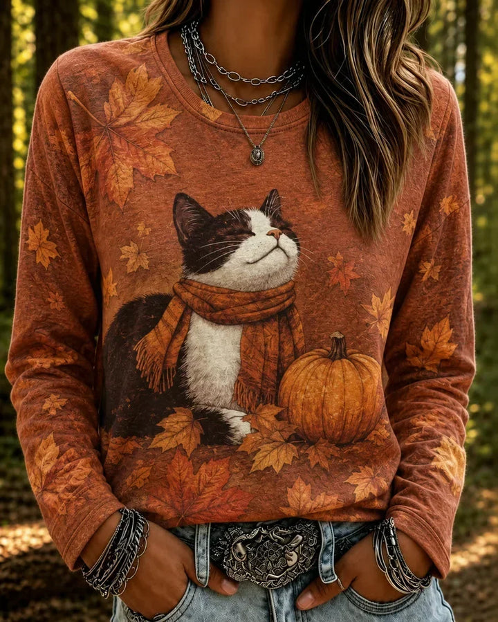 Judith | Halloween Casual Kat Ronde Hals Lange Mouwen T-shirt
