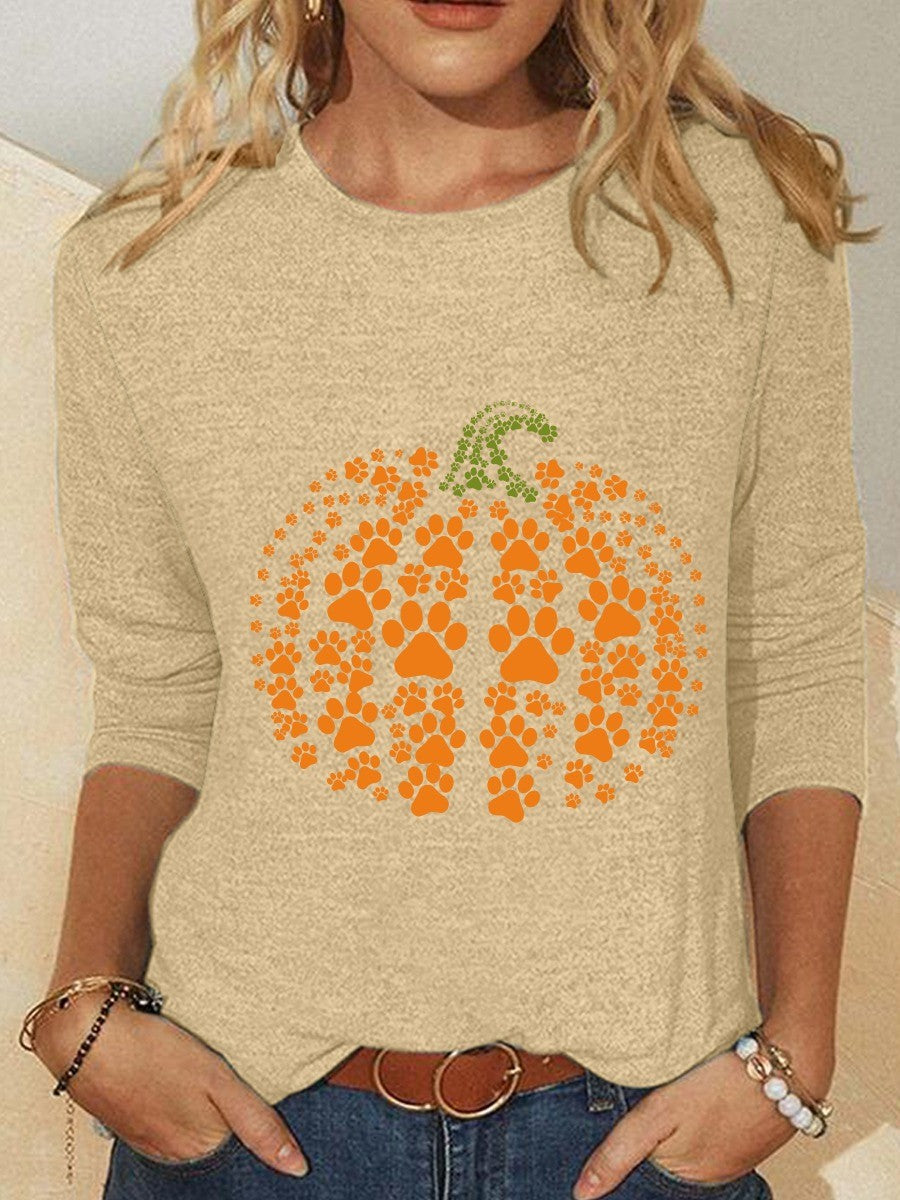 Roze | Halloween-geïnspireerde Pompoenprint Ronde Hals Lange Mouw Blouse