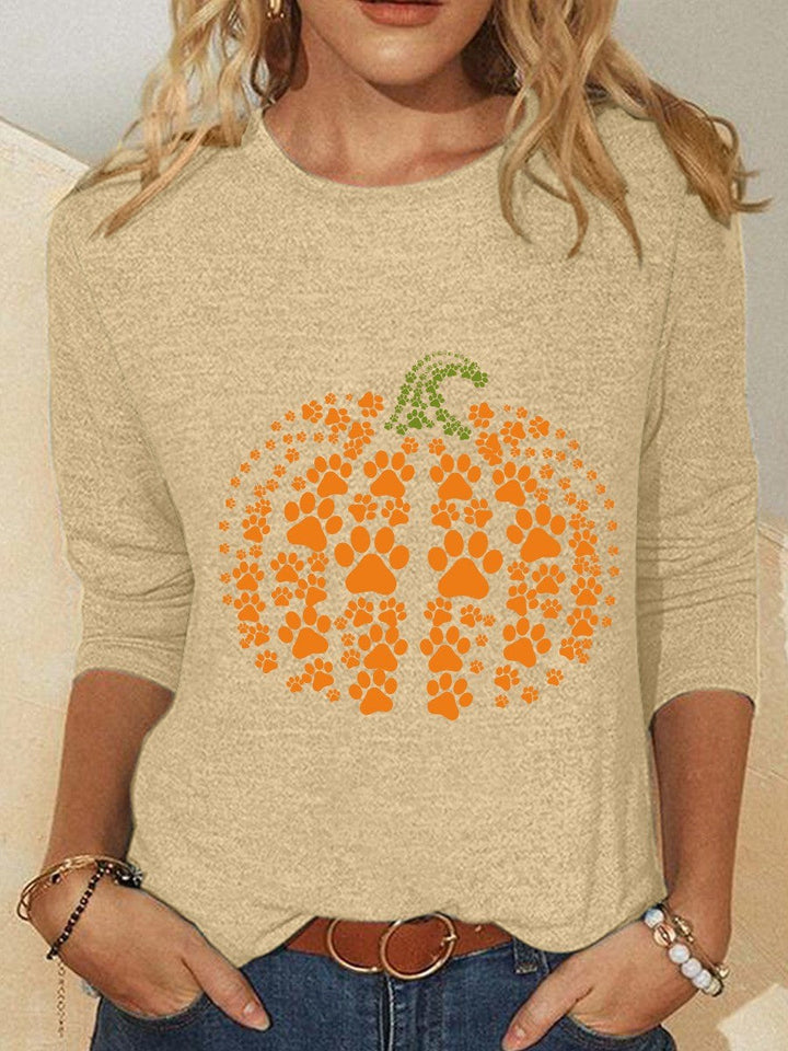 Roze | Halloween-geïnspireerde Pompoenprint Ronde Hals Lange Mouw Blouse