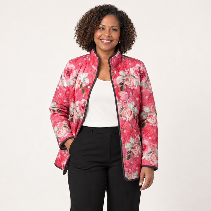 Victoria | Charmante Roze Bloemenprint Gequiltte Jas