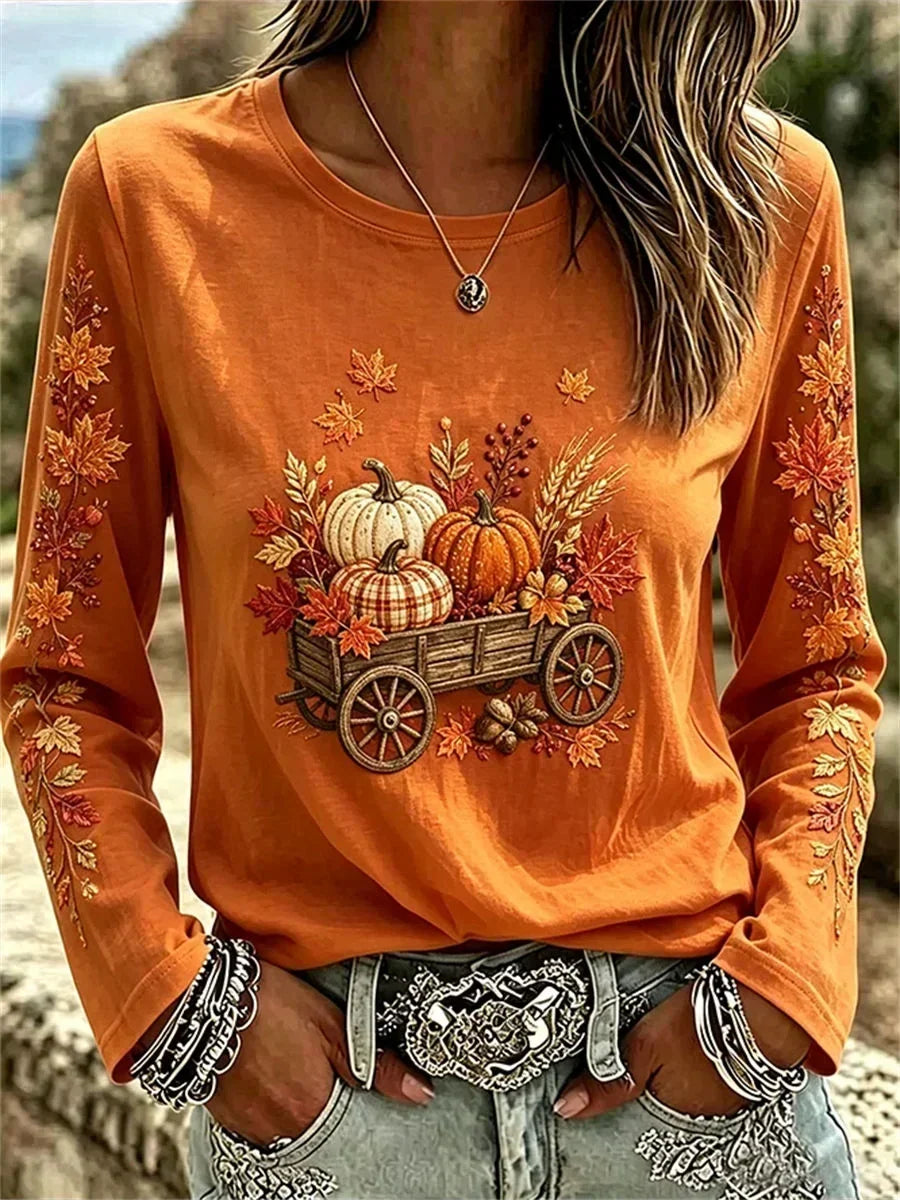 Evelyn | Halloween Casual Esdoornblad Ronde Hals Lange Mouwen T-shirt