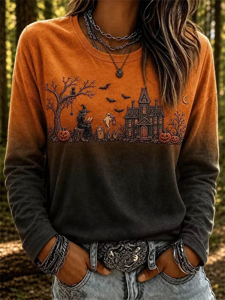 Gloria | Halloween-geïnspireerde ronde hals lange mouw T-shirt