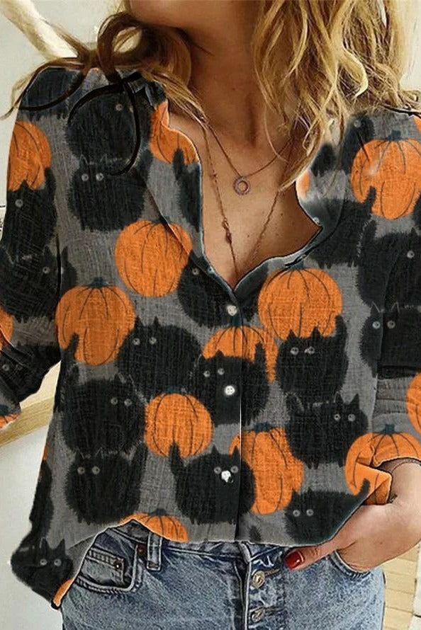 Aurelia | Halloween-geïnspireerde Pompoen Kat Print Revers Lange Mouw Blouse