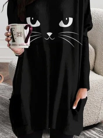Bruna | Losse Ronde Hals Kat Halloween-Inspiratie Lange Mouwen T-Shirt