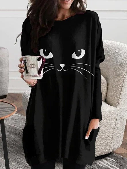Bruna | Losse Ronde Hals Kat Halloween-Inspiratie Lange Mouwen T-Shirt