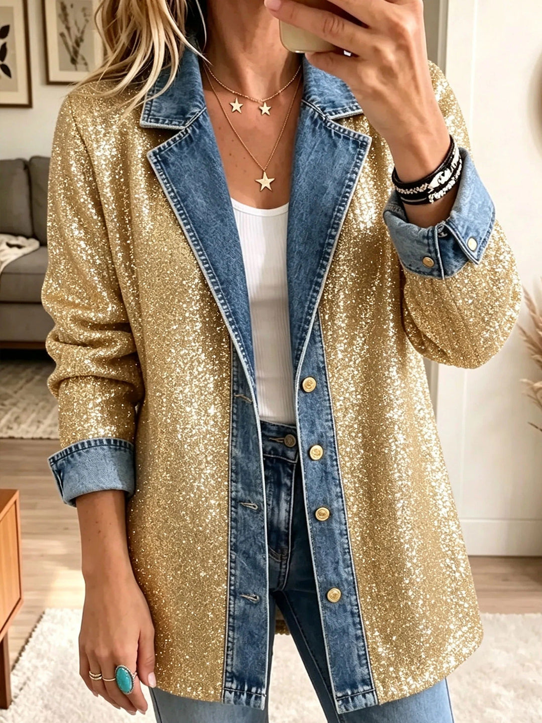 Addison | Gouden Glitter Patchwork Denim Jacket