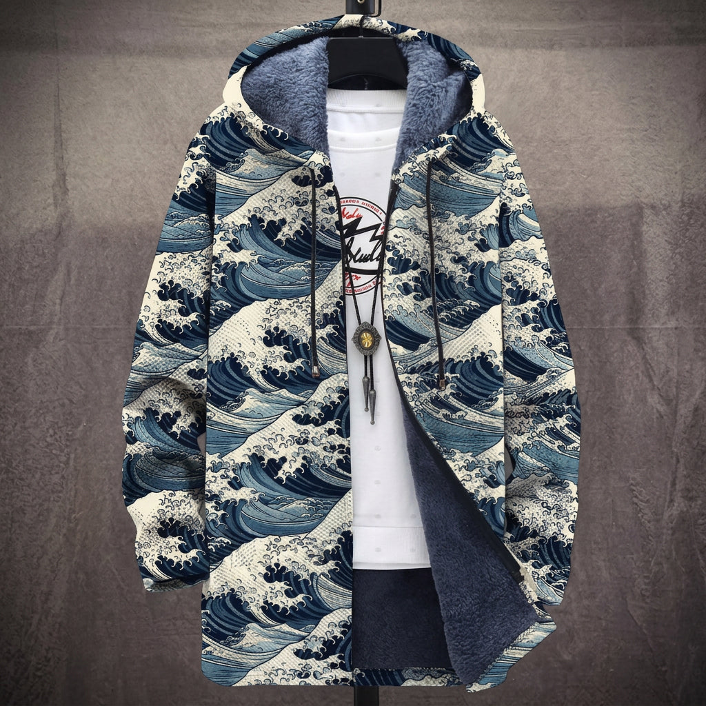 Bridget | Marineblauwe Japanse Golvenprint Jas